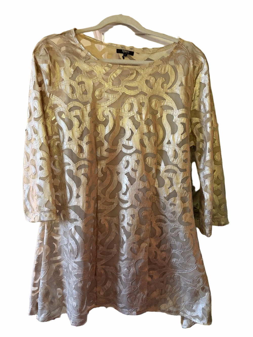 Tesoro Moda champagne faux leather appliqué and net modern asymmetrical dress L.